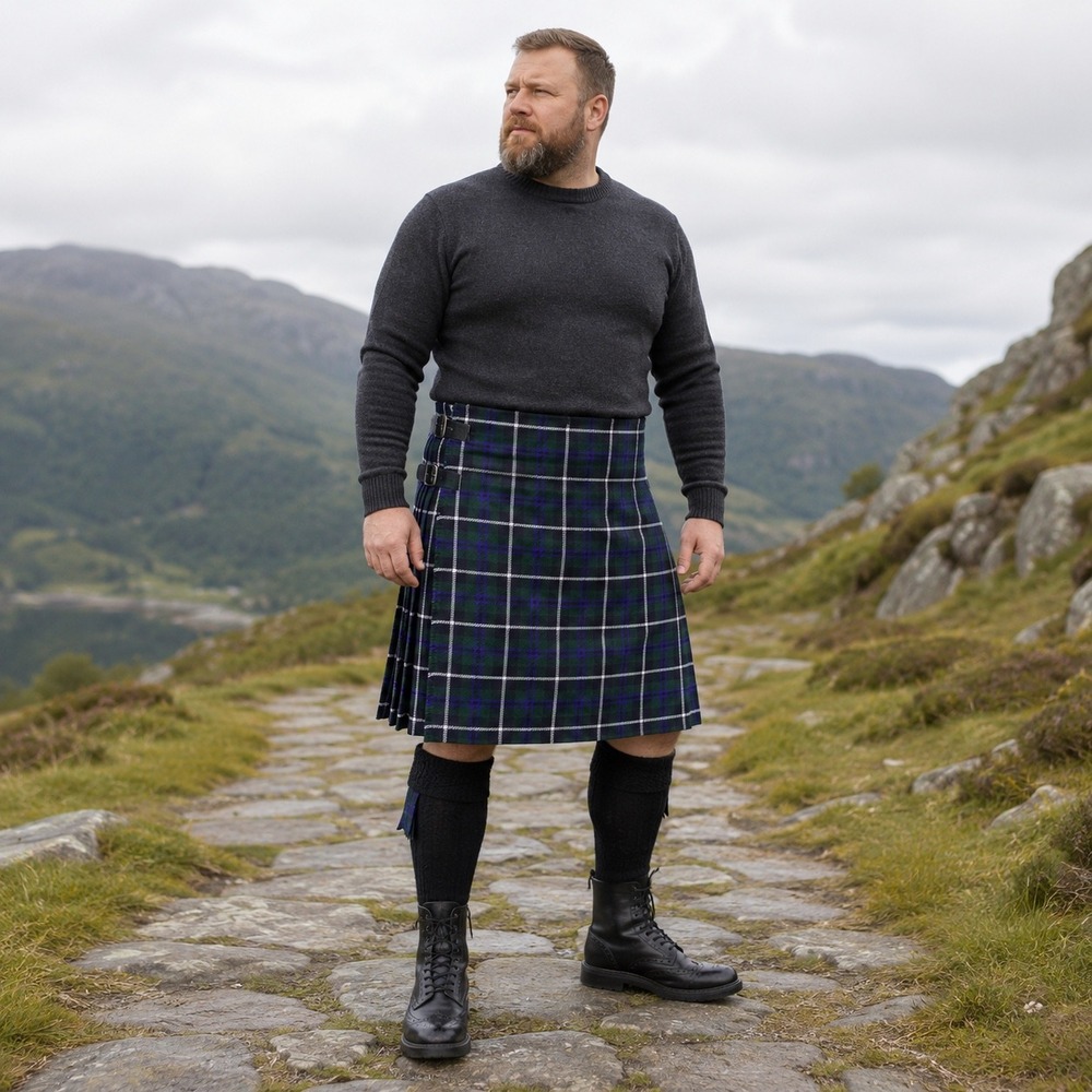 Scottish Design Tartans Mens Green Blue Plaid Kilt Adjustable Size 48 Wool Blend